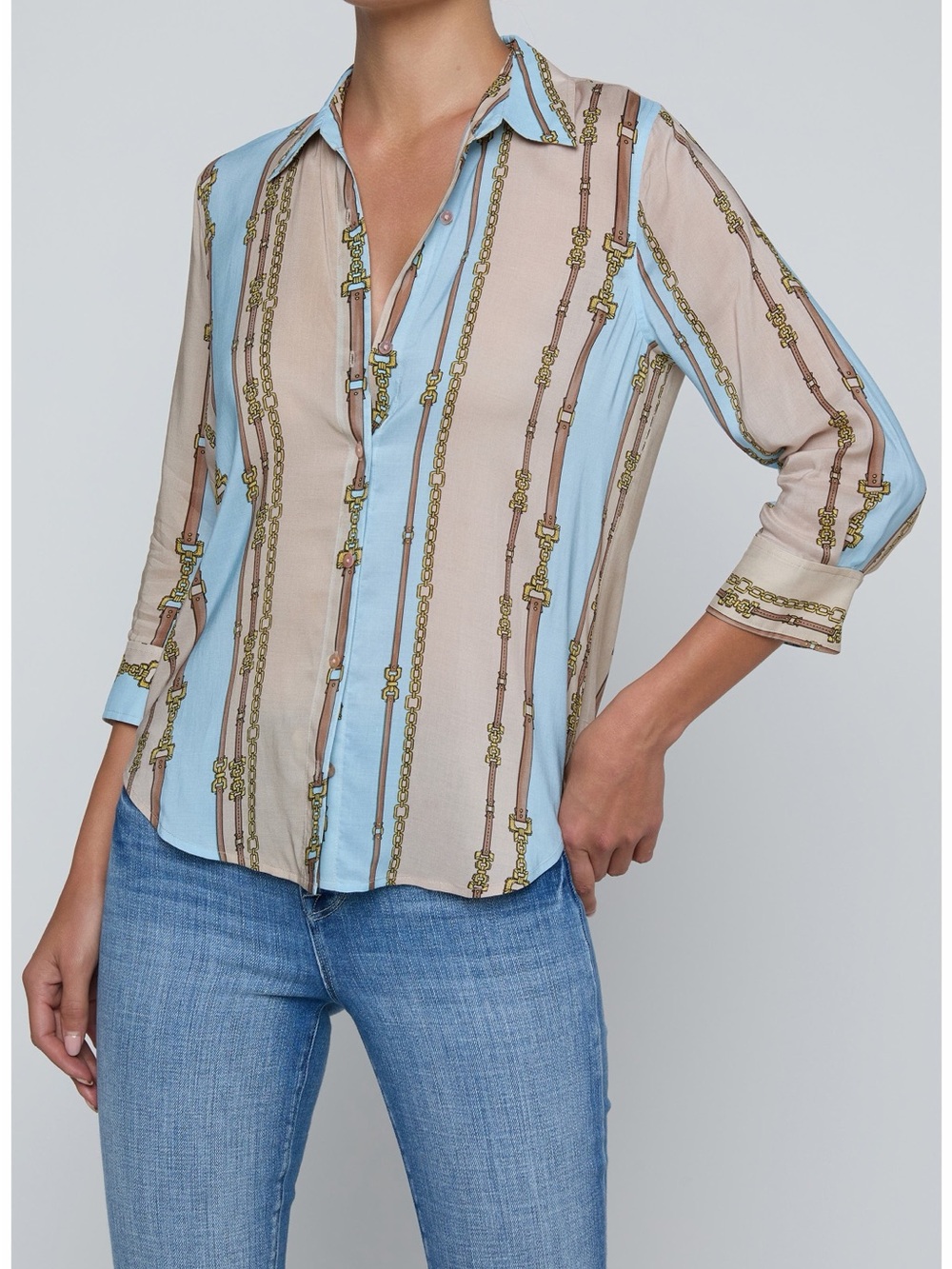L’Angence Camille Chain Print Button-Up Shirt Equestrian 3/4 Sleeves Collared